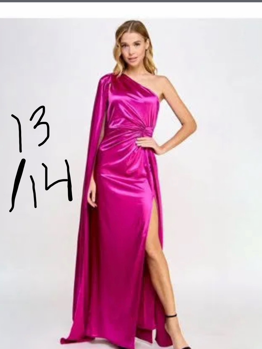 One-Shoulder Hot Pink Satin Evening Gown with Cape